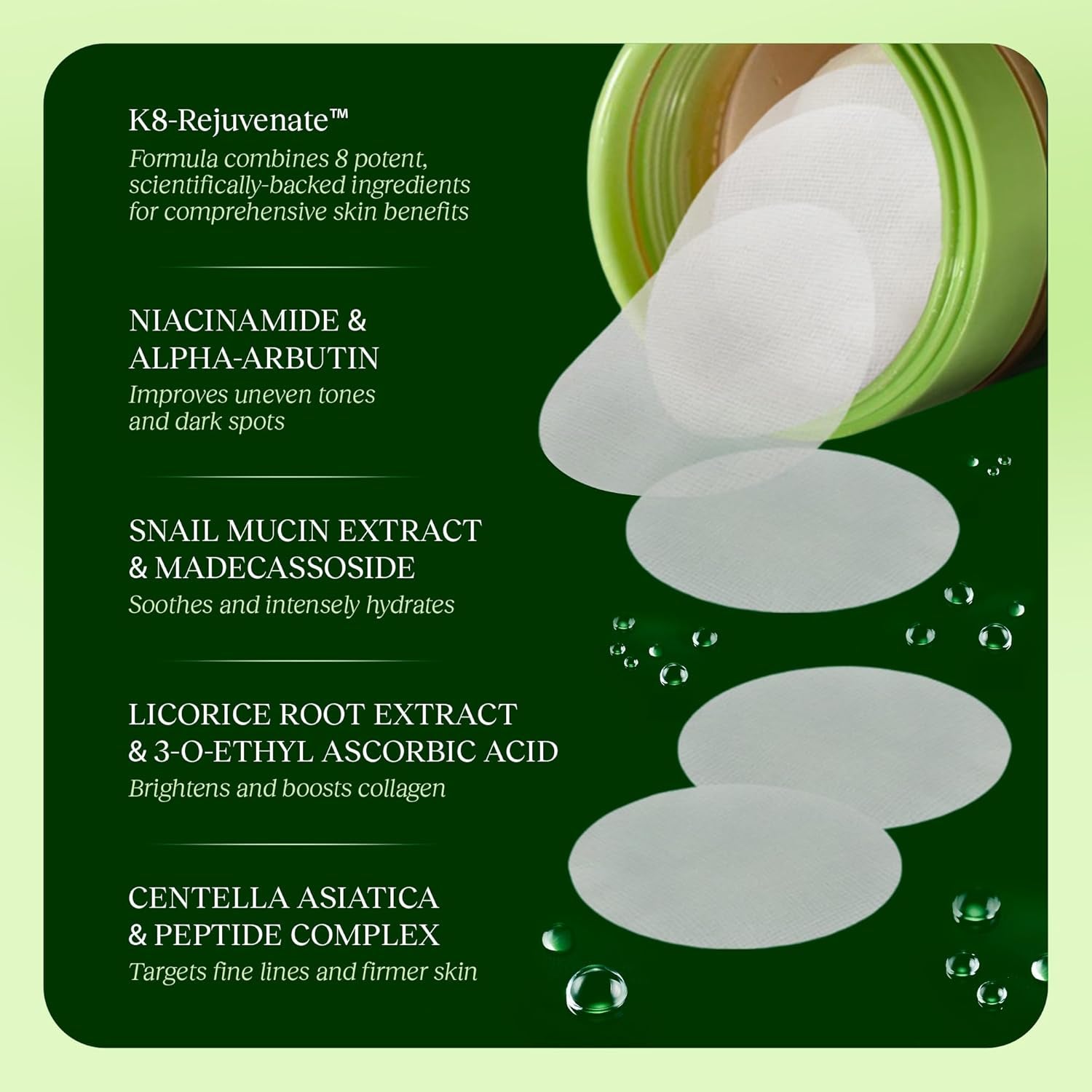 Jiyu Toning Polish Pads - Korean Skincare for Dark Spots, Wrinkles & Dull Skin - Hydrating Facial Treatment with Snail Mucin, Niacinamide, Peptides & Centella - 100 Count
