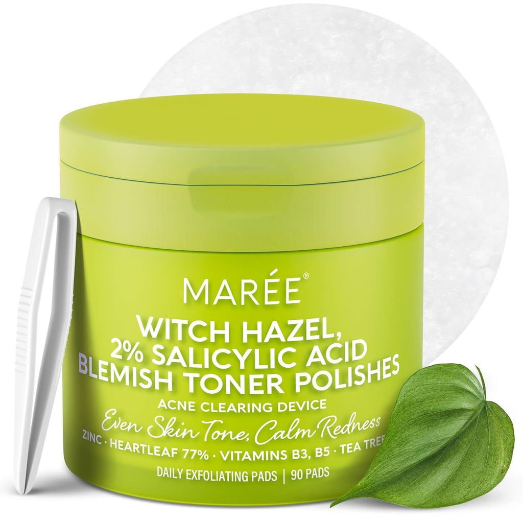 MAREE Glycolic Acid Pads - Toner Pads for Face Cleansing - Exfoliating Pad with Tea Tree Oil, Salicylic Acid & Vitamins E, B3, B5 - Acne Clearing, Skin Pore Resurfacing & Radiance Device - 50 Count