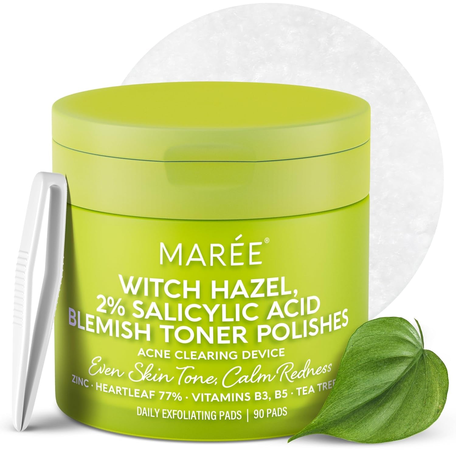 MAREE Glycolic Acid Pads - Toner Pads for Face Cleansing - Exfoliating Pad with Tea Tree Oil, Salicylic Acid & Vitamins E, B3, B5 - Acne Clearing, Skin Pore Resurfacing & Radiance Device - 50 Count