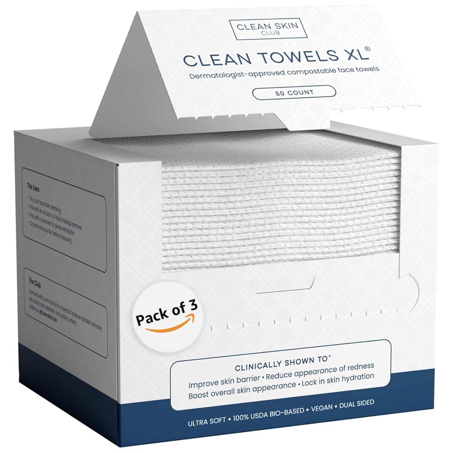 Clean Skin Club Clean Towels XL®, 100% USDA Biobased Face Towel, Disposable Face Towelette, Eczema Association Accepted, Makeup Remover Dry Wipes, Ultra Soft, 1 Pack, 50 Ct