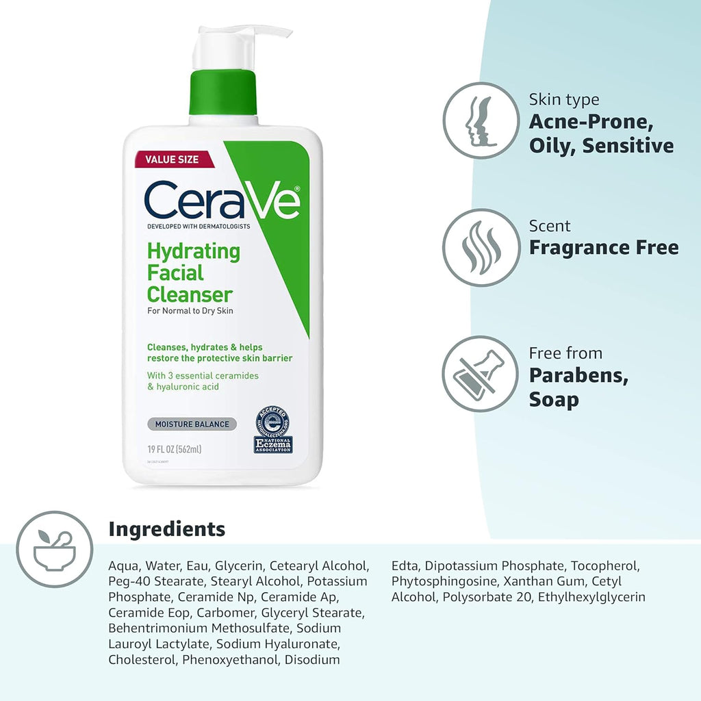 Cerave Hydrating Facial Cleanser, Moisturizing Face Wash for Dry Skin, Hyaluronic Acid + Ceramides + Glycerin, Hydrating Cleanser for Normal to Dry Skin, National Eczema Association Certified